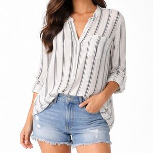 Lucky Brand Henley Buttons blouse Top MEDIUM Black Striped Roll Tab Sleeve NEW